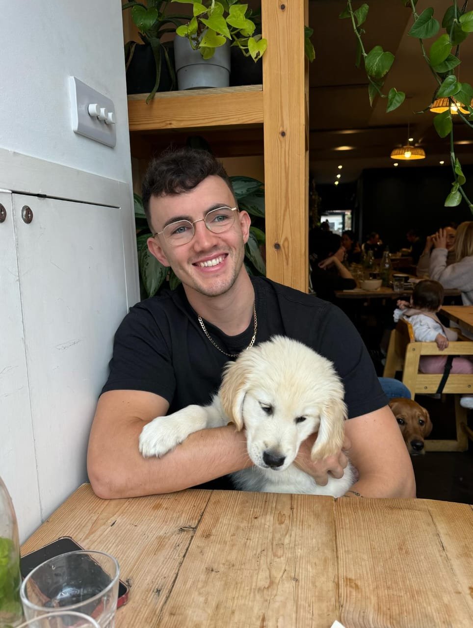 Customer with Golden Retriever